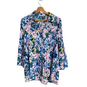 Sunny Leigh abstract pleated multicolored floral flare split sleeve Tunic Top M